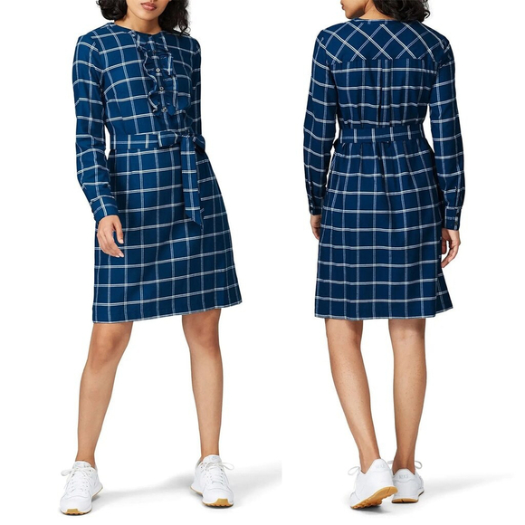 Draper James Dresses & Skirts - Draper James Navy Bell Sleeve Plaid Shirt Dress Women's $135 - Size 10 | M